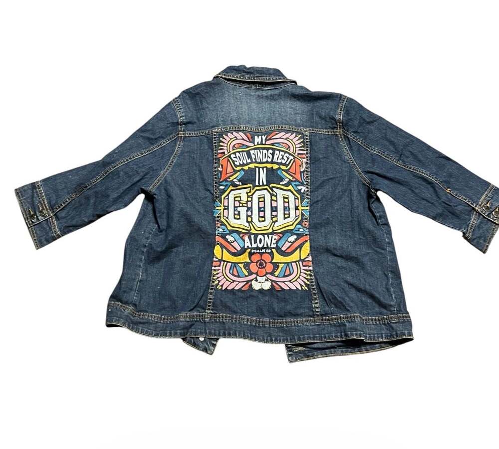 Fashion Bug Women's Denim Jacket Size 16W Graphic Back Print